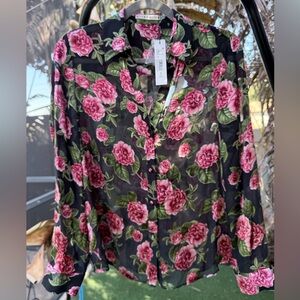 NWT Alice + Olivia Eloise Semi Sheer Floral Burnout Blouse in Mon Cheri print